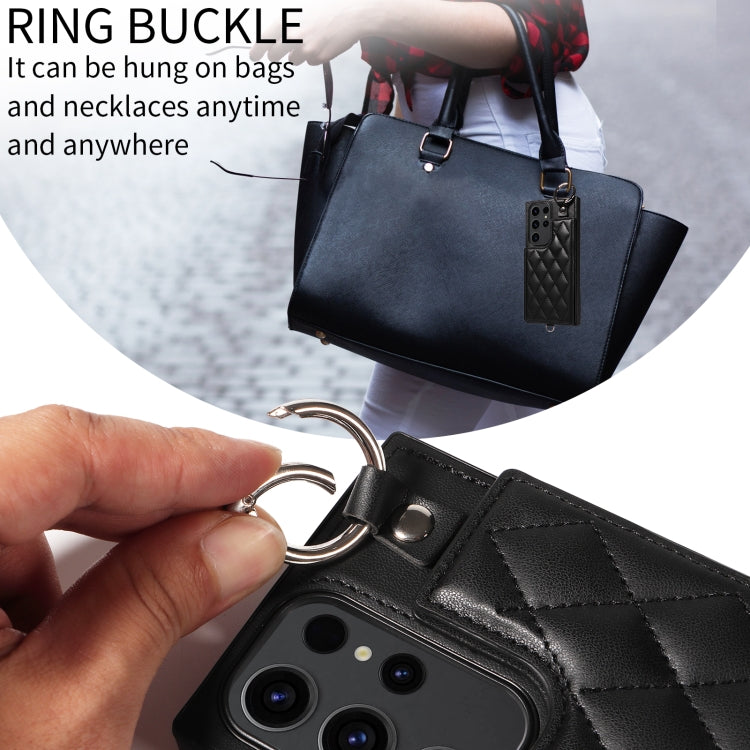 Samsung Galaxy S23 Ultra 5G Rhombic Texture Card Bag Phone Case with Short Lanyard