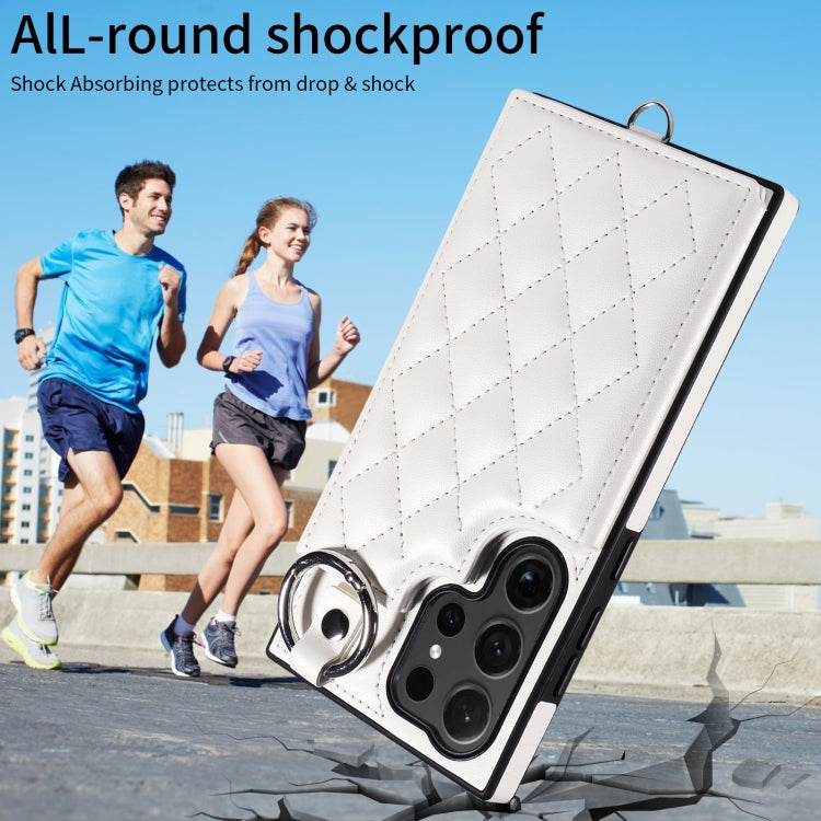For Samsung Galaxy S24 Ultra 5G Rhombic Texture Card Bag Phone Case with Short Lanyard