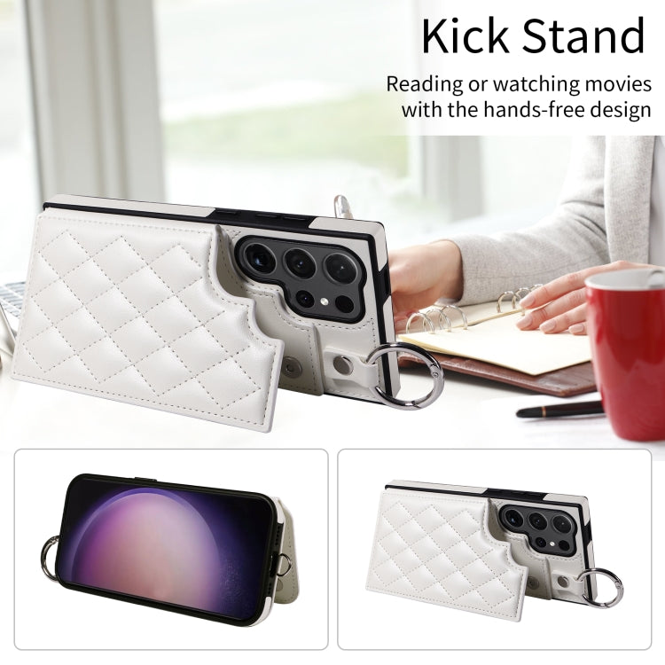For Samsung Galaxy S24 Ultra 5G Rhombic Texture Card Bag Phone Case with Short Lanyard