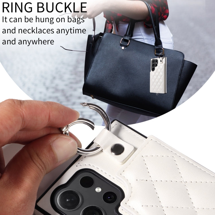 For Samsung Galaxy S24 Ultra 5G Rhombic Texture Card Bag Phone Case with Short Lanyard