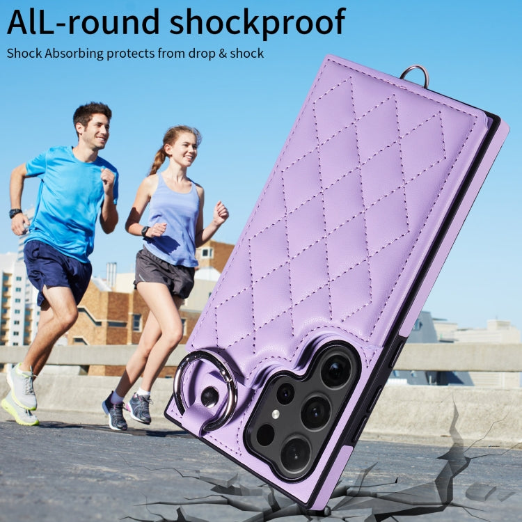 For Samsung Galaxy S24 Ultra 5G Rhombic Texture Card Bag Phone Case with Short Lanyard