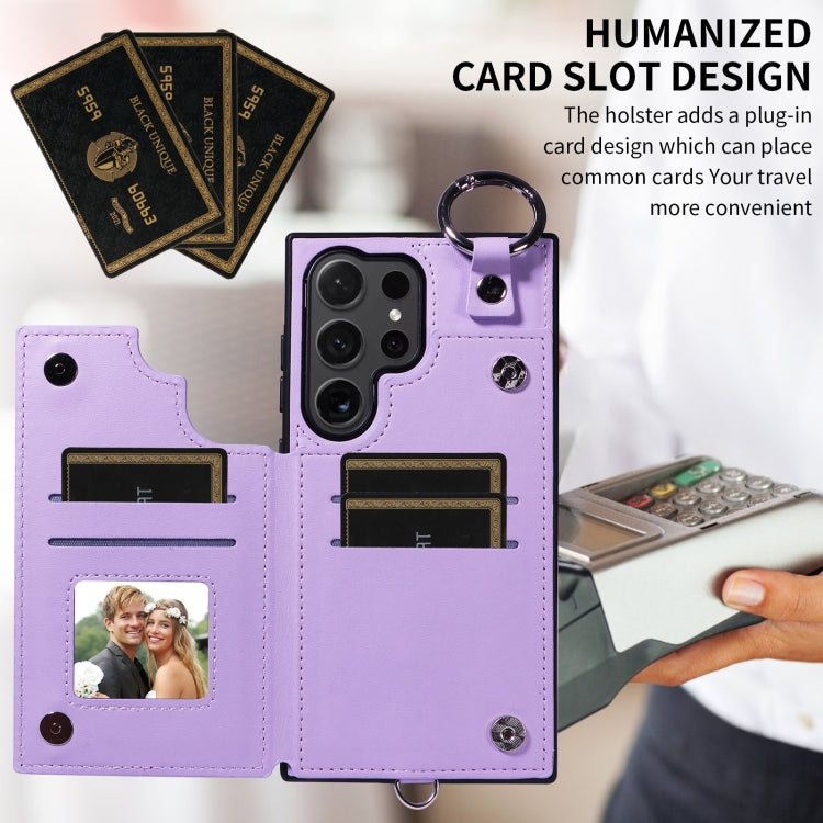 For Samsung Galaxy S24 Ultra 5G Rhombic Texture Card Bag Phone Case with Short Lanyard