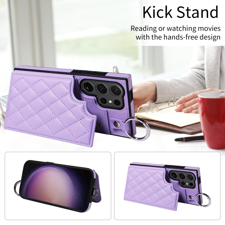 For Samsung Galaxy S24 Ultra 5G Rhombic Texture Card Bag Phone Case with Short Lanyard