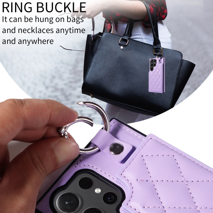 For Samsung Galaxy S24 Ultra 5G Rhombic Texture Card Bag Phone Case with Short Lanyard