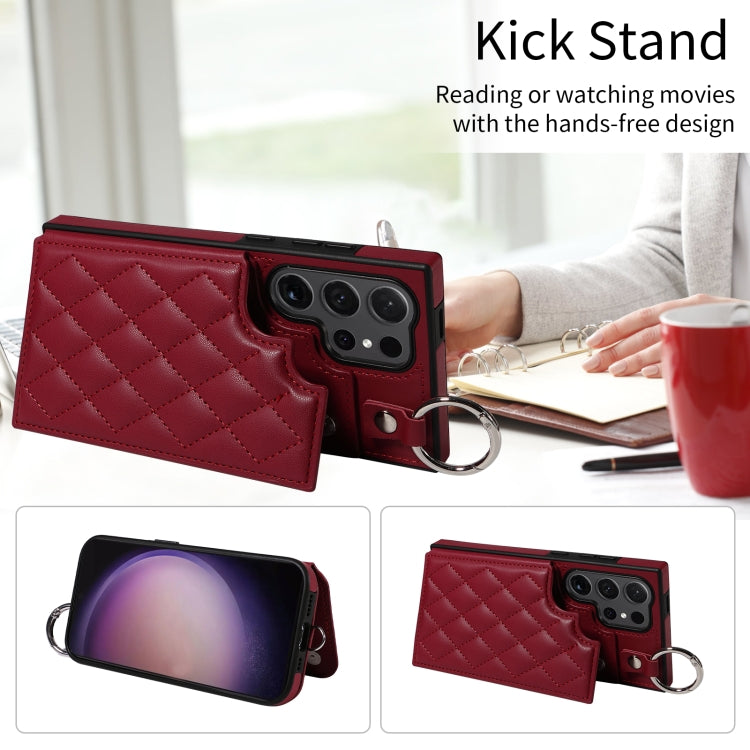 For Samsung Galaxy S24 Ultra 5G Rhombic Texture Card Bag Phone Case with Short Lanyard
