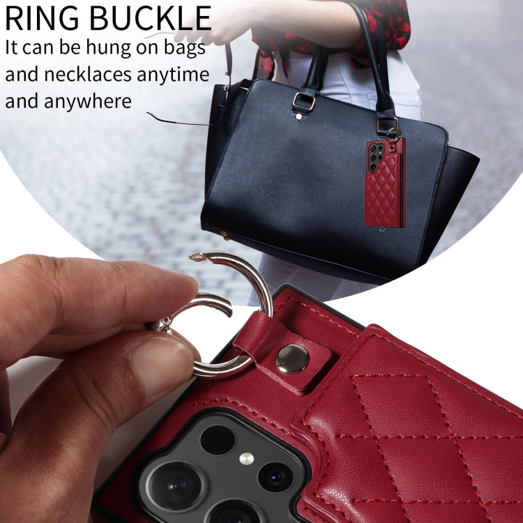 For Samsung Galaxy S24 Ultra 5G Rhombic Texture Card Bag Phone Case with Short Lanyard