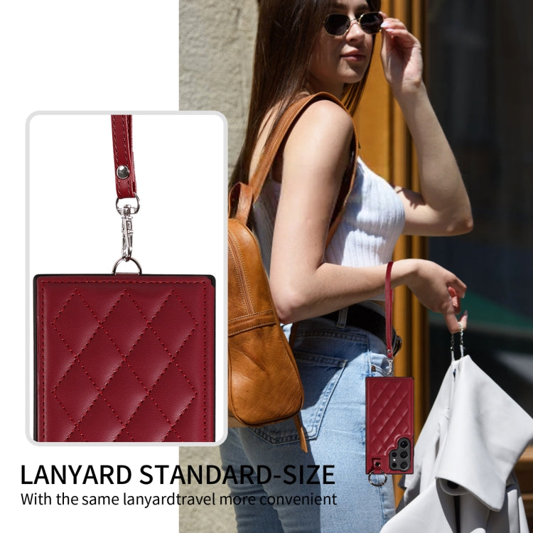 For Samsung Galaxy S24 Ultra 5G Rhombic Texture Card Bag Phone Case with Short Lanyard