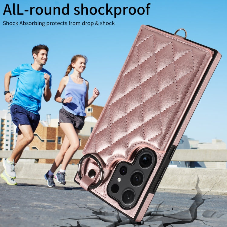 For Samsung Galaxy S24 Ultra 5G Rhombic Texture Card Bag Phone Case with Short Lanyard