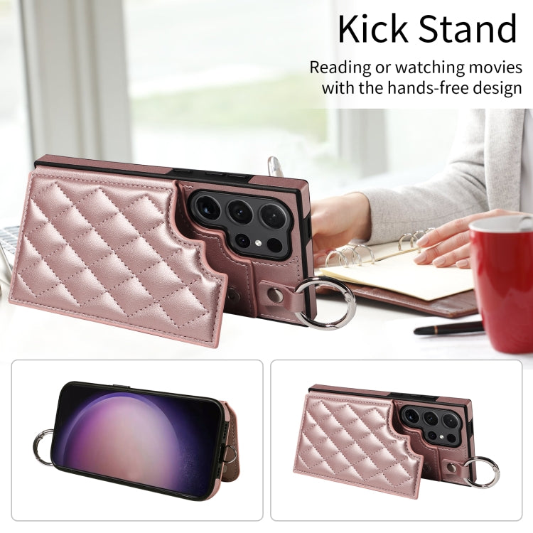 For Samsung Galaxy S24 Ultra 5G Rhombic Texture Card Bag Phone Case with Short Lanyard