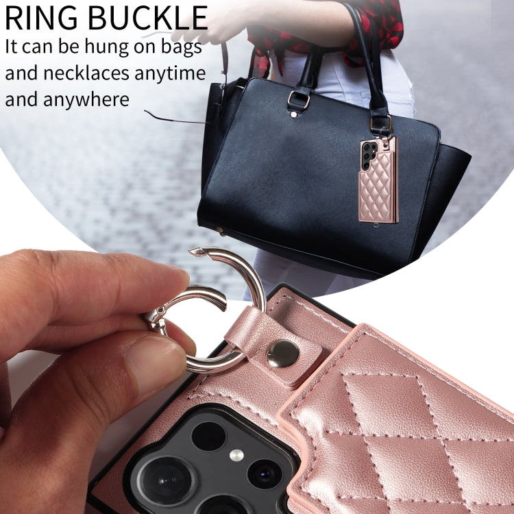 For Samsung Galaxy S24 Ultra 5G Rhombic Texture Card Bag Phone Case with Short Lanyard