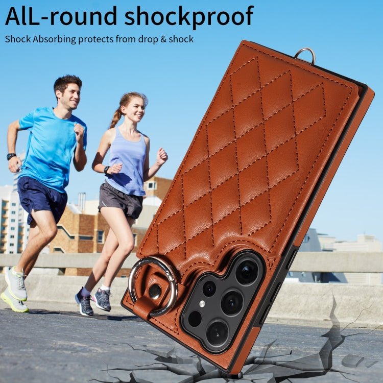 For Samsung Galaxy S24 Ultra 5G Rhombic Texture Card Bag Phone Case with Short Lanyard