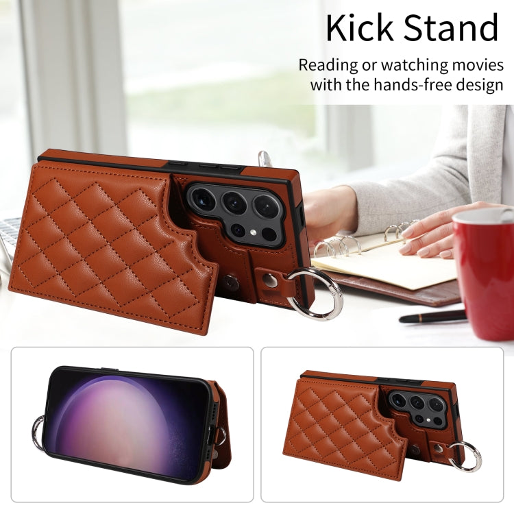 For Samsung Galaxy S24 Ultra 5G Rhombic Texture Card Bag Phone Case with Short Lanyard