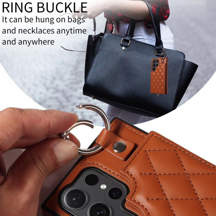 For Samsung Galaxy S24 Ultra 5G Rhombic Texture Card Bag Phone Case with Short Lanyard