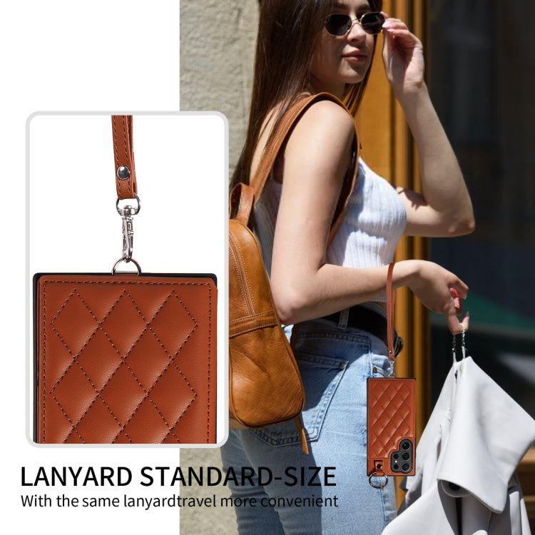 For Samsung Galaxy S24 Ultra 5G Rhombic Texture Card Bag Phone Case with Short Lanyard