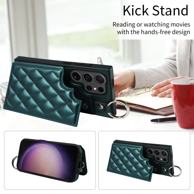 For Samsung Galaxy S24 Ultra 5G Rhombic Texture Card Bag Phone Case with Short Lanyard
