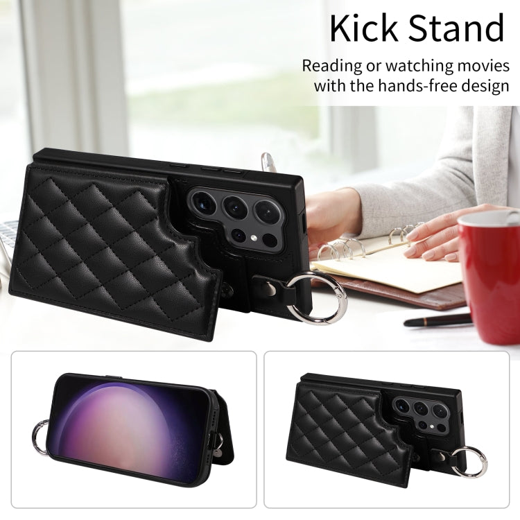 For Samsung Galaxy S24 Ultra 5G Rhombic Texture Card Bag Phone Case with Short Lanyard