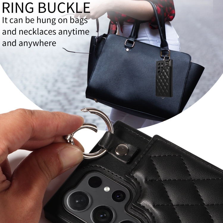 For Samsung Galaxy S24 Ultra 5G Rhombic Texture Card Bag Phone Case with Short Lanyard