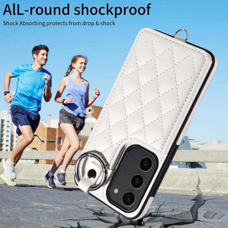 For Samsung Galaxy S23 5G Rhombic Texture Card Bag Phone Case with Short Lanyard