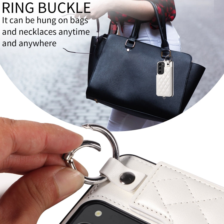 For Samsung Galaxy S23 5G Rhombic Texture Card Bag Phone Case with Short Lanyard