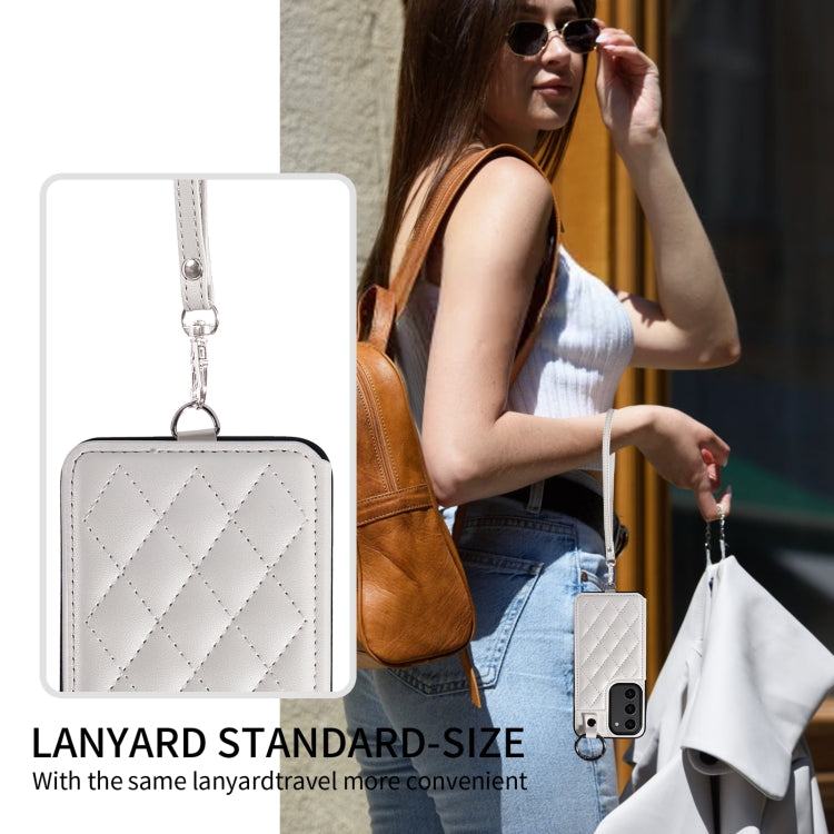 For Samsung Galaxy S23 5G Rhombic Texture Card Bag Phone Case with Short Lanyard