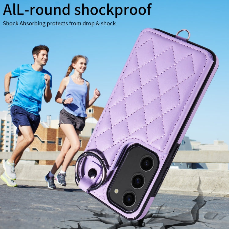 For Samsung Galaxy S23 5G Rhombic Texture Card Bag Phone Case with Short Lanyard