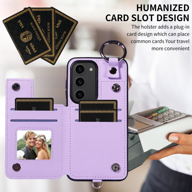 For Samsung Galaxy S23 5G Rhombic Texture Card Bag Phone Case with Short Lanyard