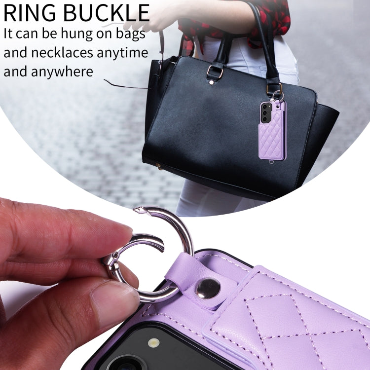 For Samsung Galaxy S23 5G Rhombic Texture Card Bag Phone Case with Short Lanyard