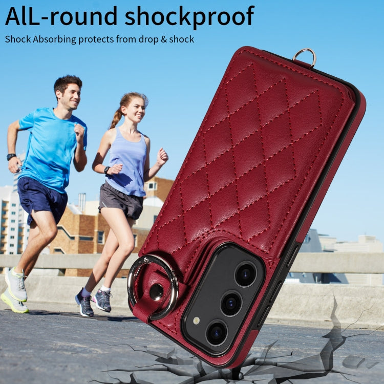 For Samsung Galaxy S23 5G Rhombic Texture Card Bag Phone Case with Short Lanyard