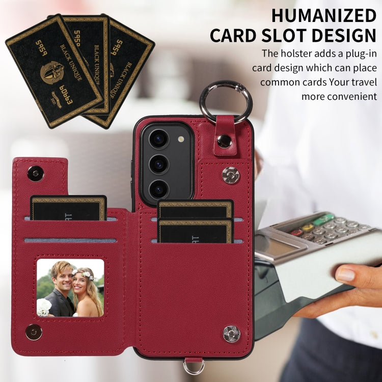 For Samsung Galaxy S23 5G Rhombic Texture Card Bag Phone Case with Short Lanyard