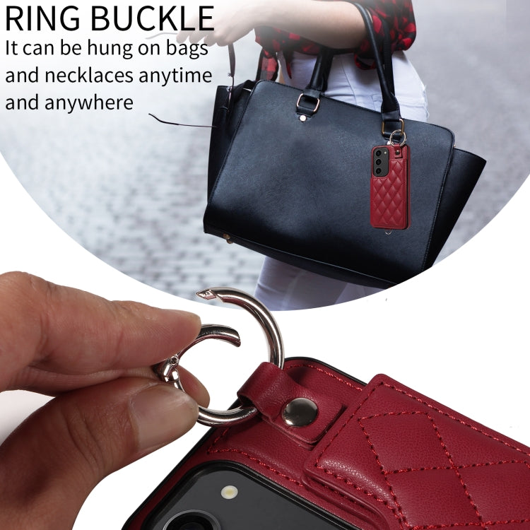 For Samsung Galaxy S23 5G Rhombic Texture Card Bag Phone Case with Short Lanyard