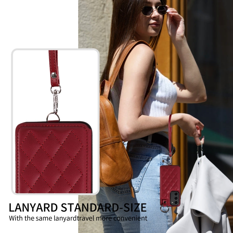 For Samsung Galaxy S23 5G Rhombic Texture Card Bag Phone Case with Short Lanyard