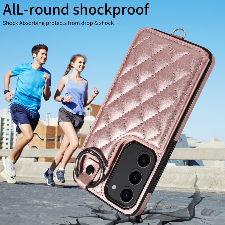 For Samsung Galaxy S23 5G Rhombic Texture Card Bag Phone Case with Short Lanyard