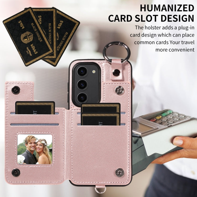 For Samsung Galaxy S23 5G Rhombic Texture Card Bag Phone Case with Short Lanyard