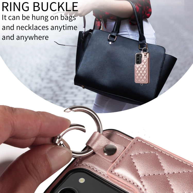 For Samsung Galaxy S23 5G Rhombic Texture Card Bag Phone Case with Short Lanyard