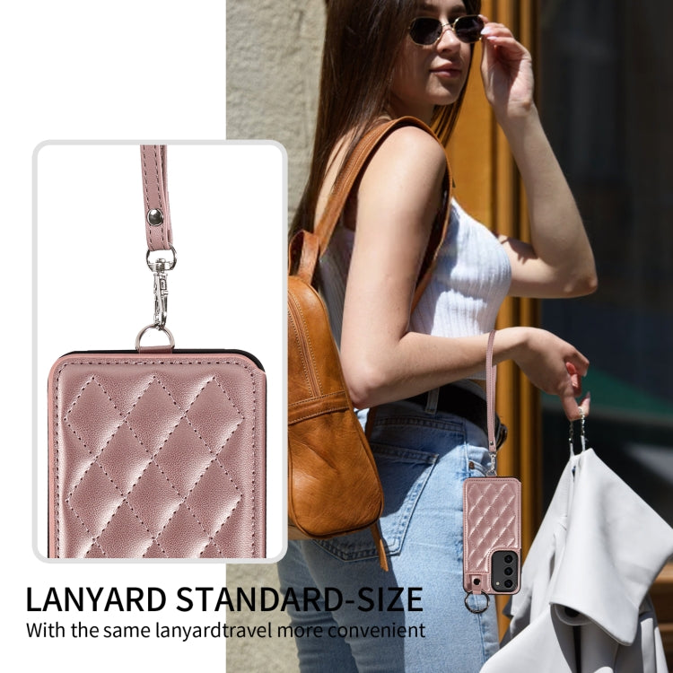For Samsung Galaxy S23 5G Rhombic Texture Card Bag Phone Case with Short Lanyard