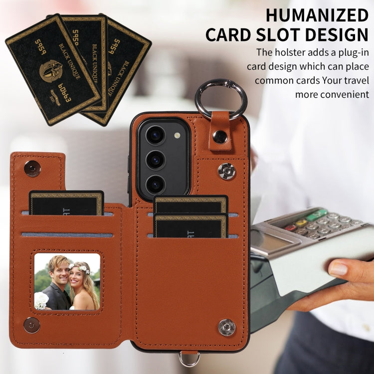 For Samsung Galaxy S23 5G Rhombic Texture Card Bag Phone Case with Short Lanyard