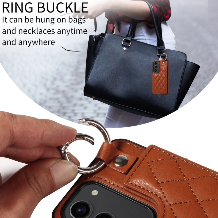 For Samsung Galaxy S23 5G Rhombic Texture Card Bag Phone Case with Short Lanyard