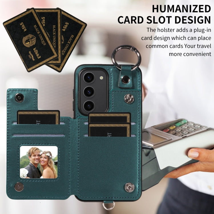 For Samsung Galaxy S23 5G Rhombic Texture Card Bag Phone Case with Short Lanyard
