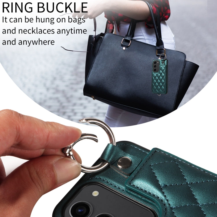 For Samsung Galaxy S23 5G Rhombic Texture Card Bag Phone Case with Short Lanyard