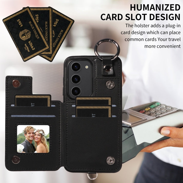 For Samsung Galaxy S23 5G Rhombic Texture Card Bag Phone Case with Short Lanyard