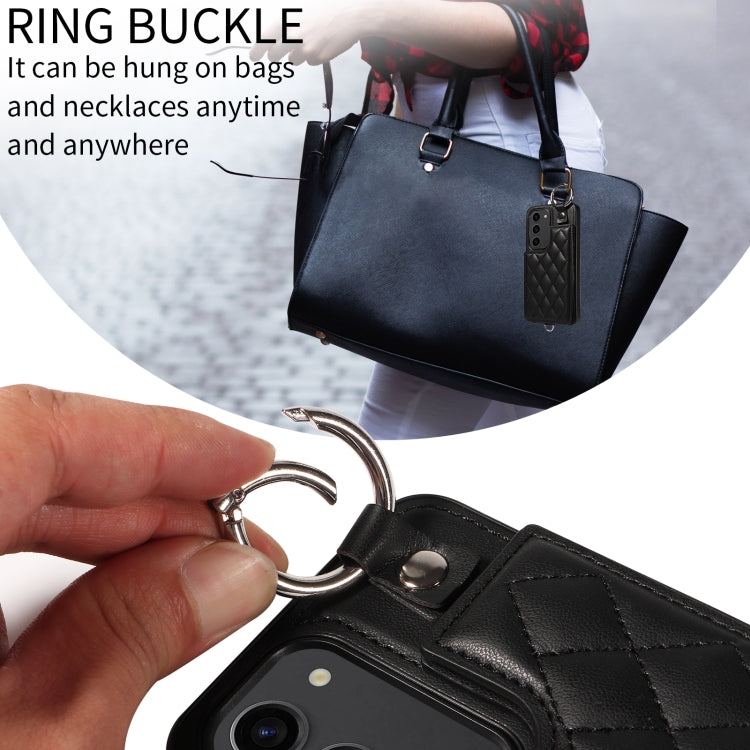 For Samsung Galaxy S23 5G Rhombic Texture Card Bag Phone Case with Short Lanyard