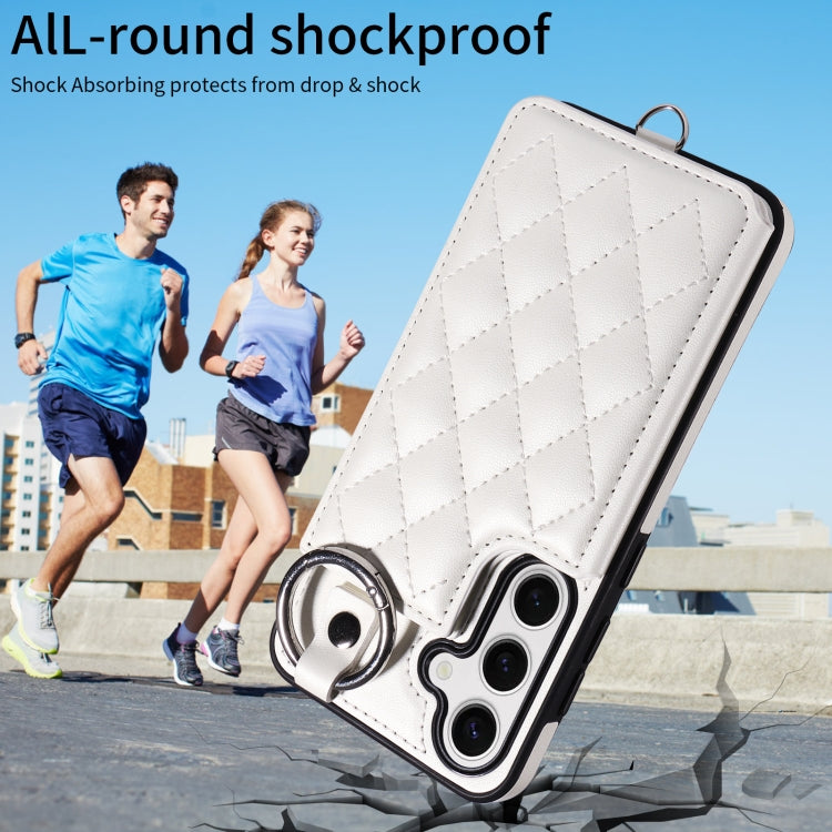 For Samsung Galaxy S24 5G Rhombic Texture Card Bag Phone Case with Short Lanyard