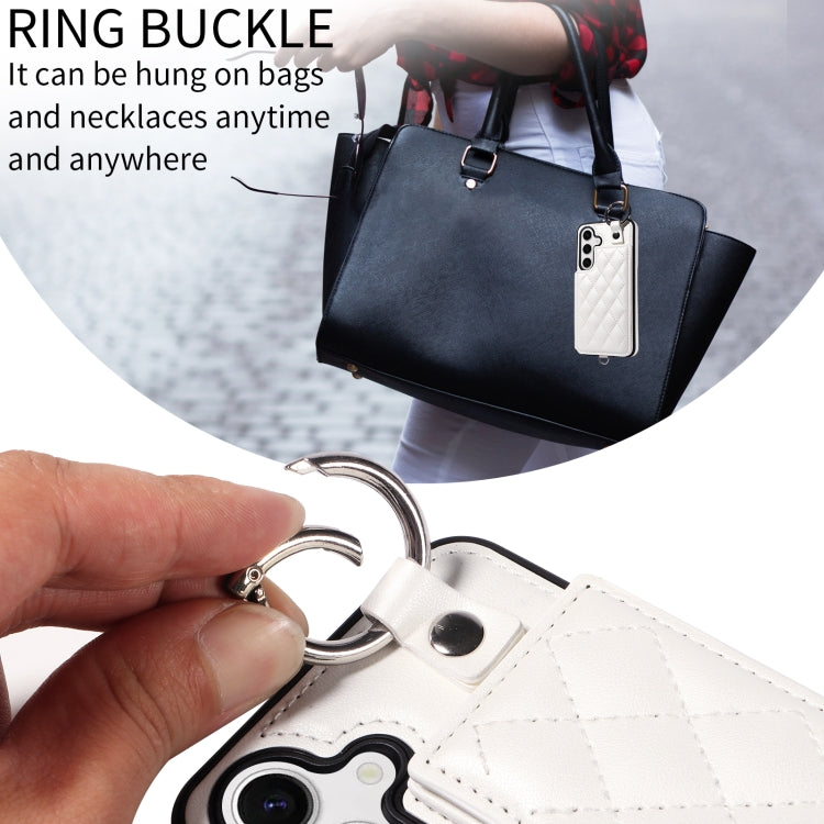 For Samsung Galaxy S24 5G Rhombic Texture Card Bag Phone Case with Short Lanyard
