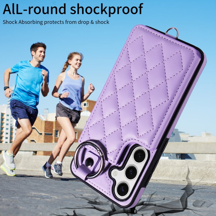 For Samsung Galaxy S24 5G Rhombic Texture Card Bag Phone Case with Short Lanyard