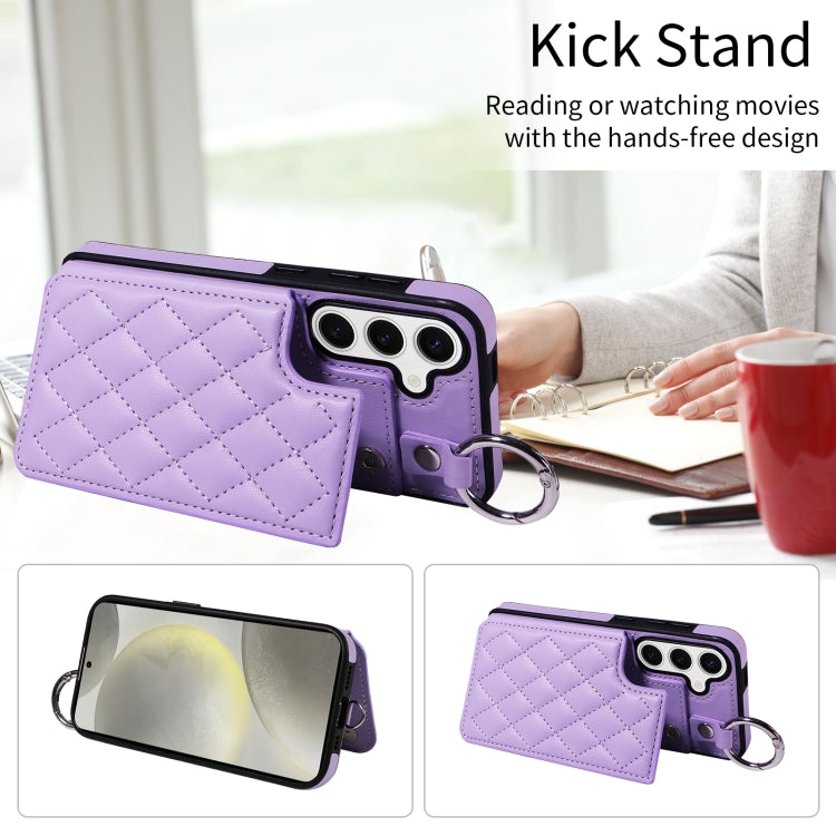 For Samsung Galaxy S24 5G Rhombic Texture Card Bag Phone Case with Short Lanyard