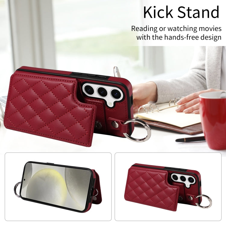For Samsung Galaxy S24 5G Rhombic Texture Card Bag Phone Case with Short Lanyard