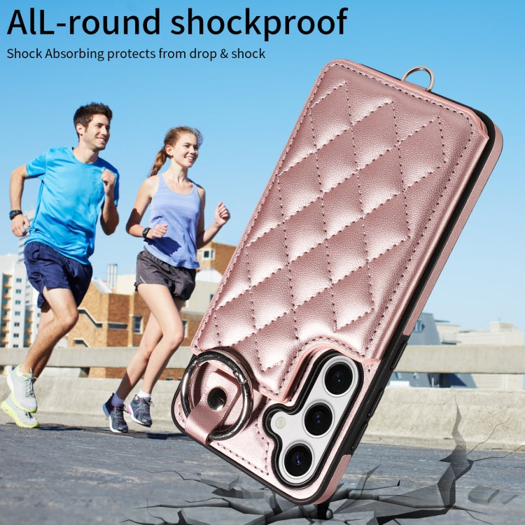 For Samsung Galaxy S24 5G Rhombic Texture Card Bag Phone Case with Short Lanyard