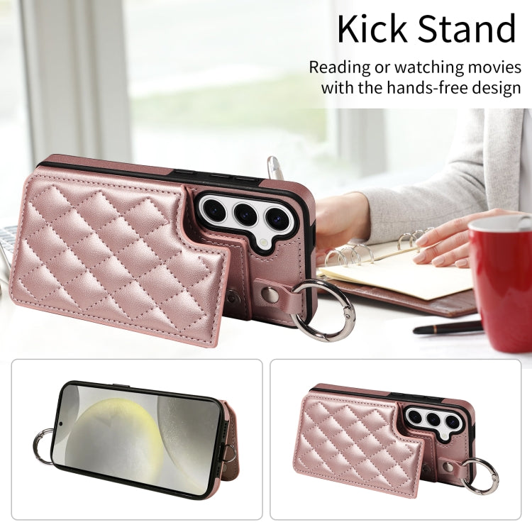 For Samsung Galaxy S24 5G Rhombic Texture Card Bag Phone Case with Short Lanyard