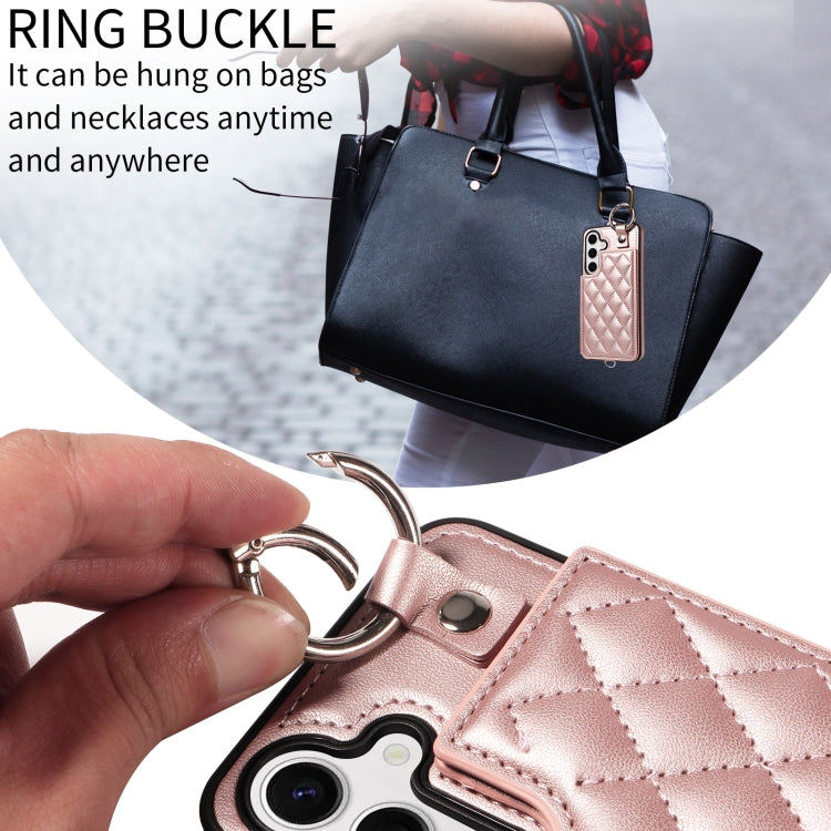 For Samsung Galaxy S24 5G Rhombic Texture Card Bag Phone Case with Short Lanyard