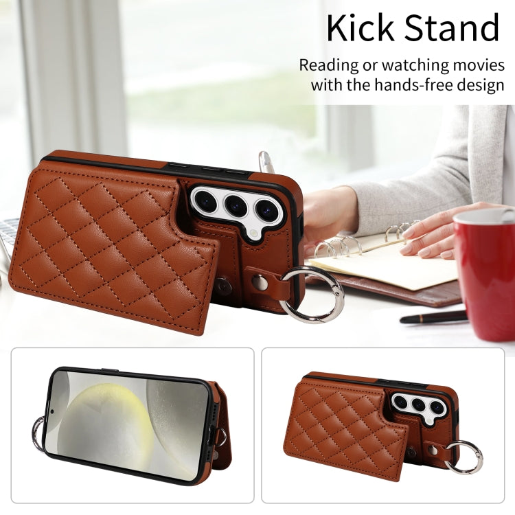 For Samsung Galaxy S24 5G Rhombic Texture Card Bag Phone Case with Short Lanyard